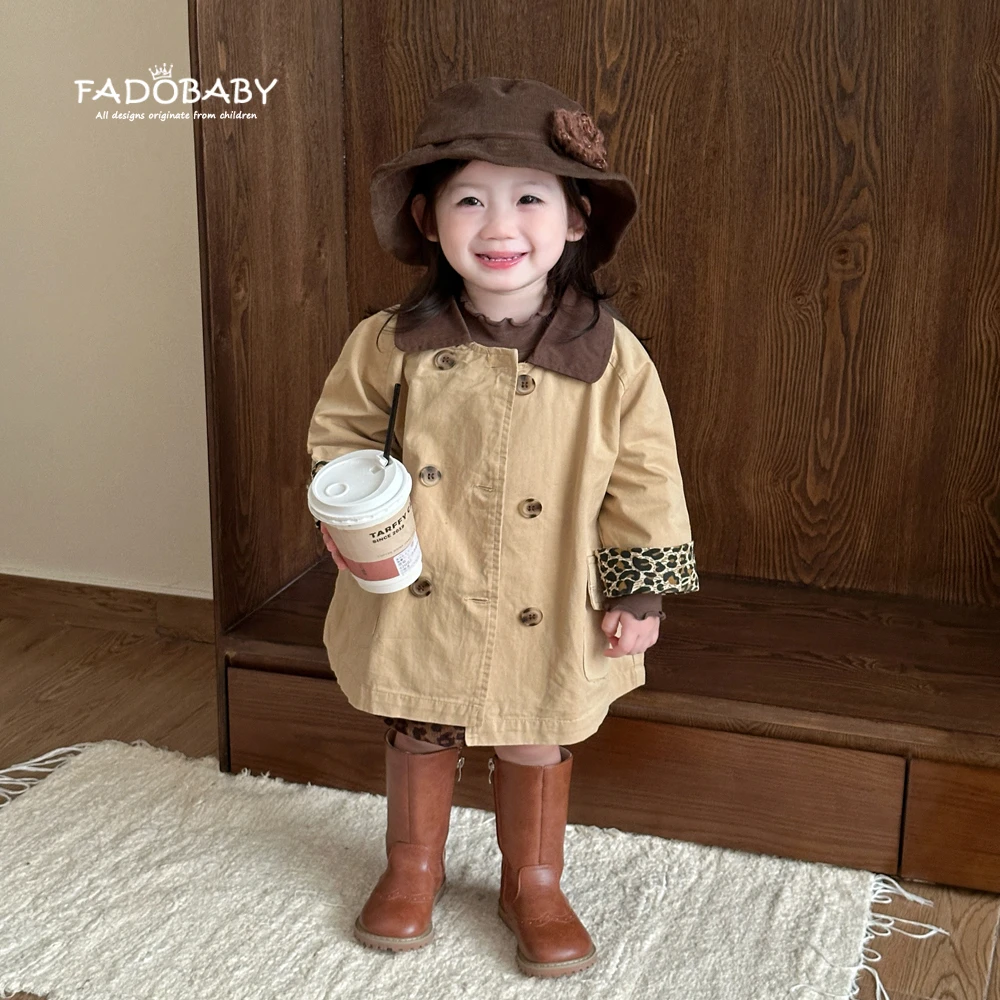 女童风衣2025新款秋季儿童洋气复古豹纹拼接休闲外套宝宝上衣潮