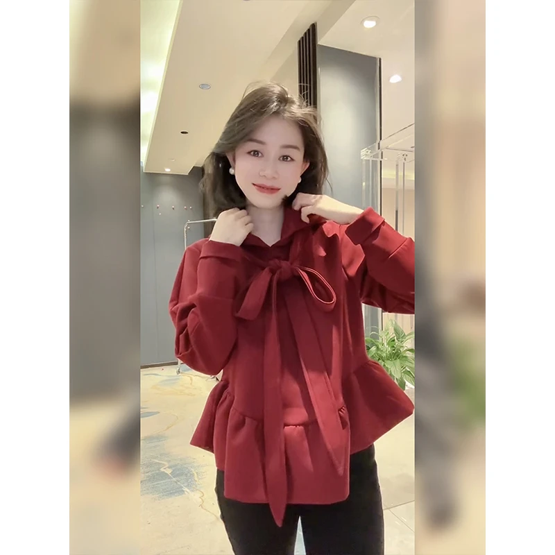 欧洲站小众设计感连帽系带卫衣女2025春季新款时髦洋气荷叶边上衣