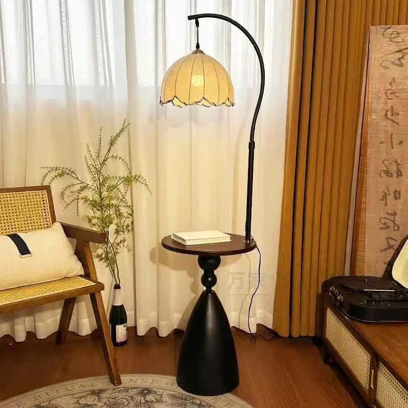 落地灯客厅高级感中古南洋风置物架一体卧室床头网红复古氛围台灯