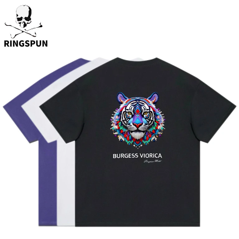 【紫虎头】RS重磅100棉刺绣宽松美式潮流男女短袖T恤上衣情侣