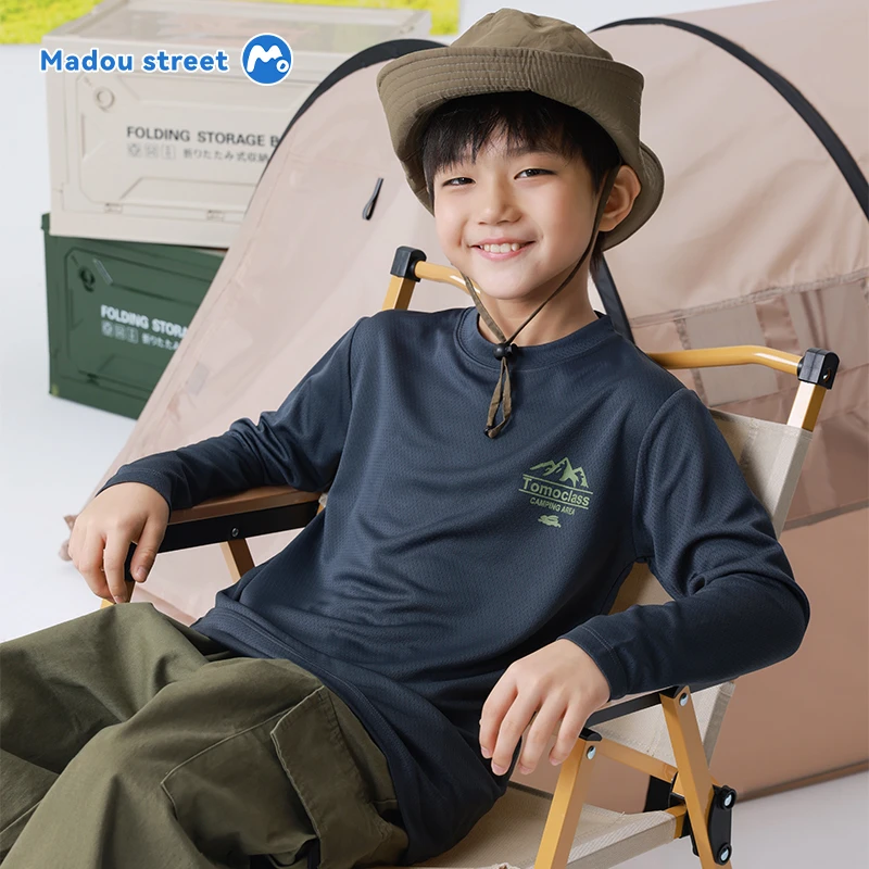 麻豆街25年春款中大童休闲时尚男童女童远山长袖T恤M331