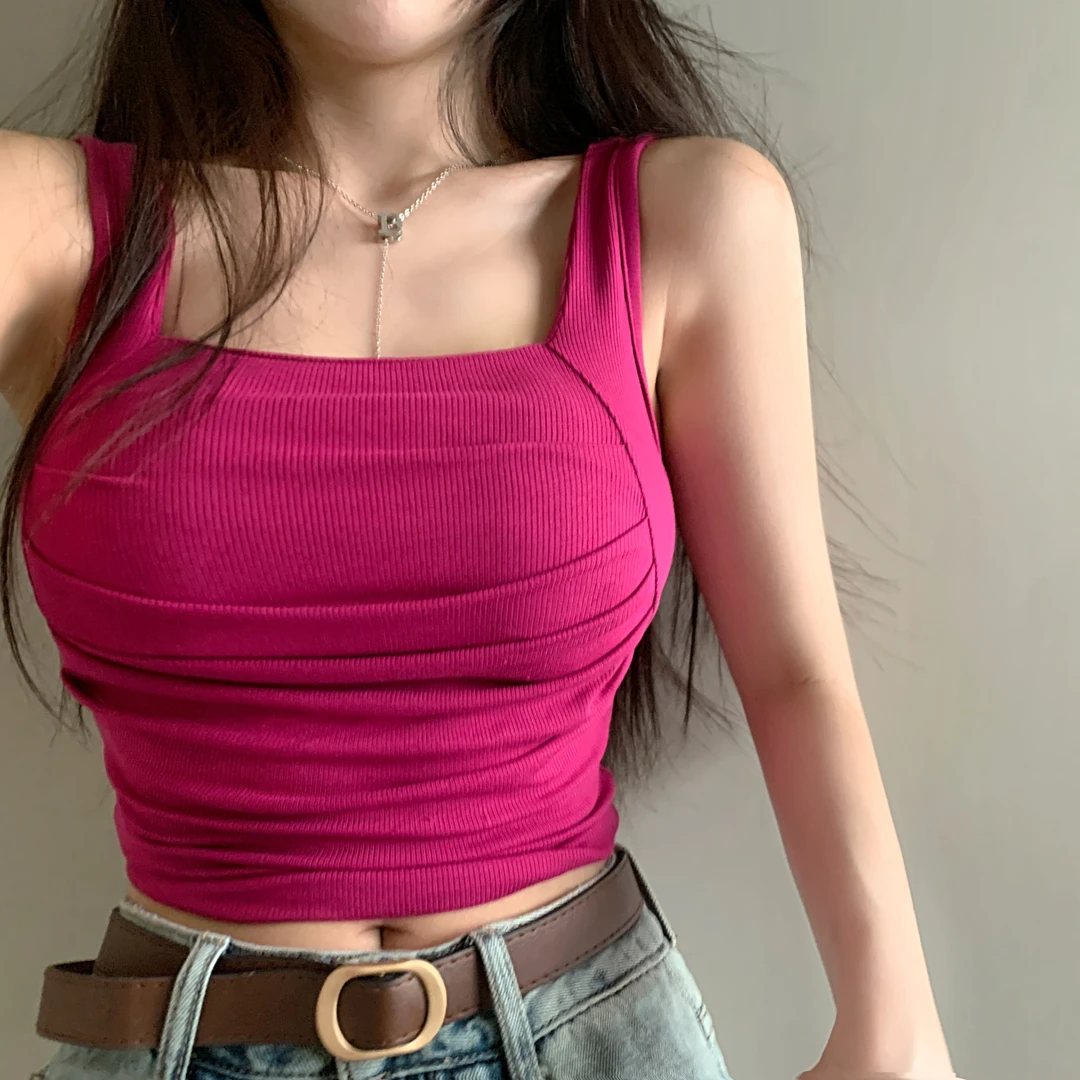 【灰灰穿搭】纯欲风褶皱小吊带背心女修身短款（带胸垫）（H8003）