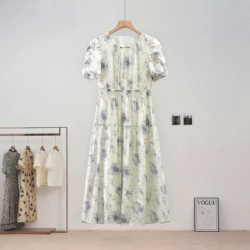 S44印花拼接收腰连衣裙时尚印花中长款显瘦裙子法式夏季