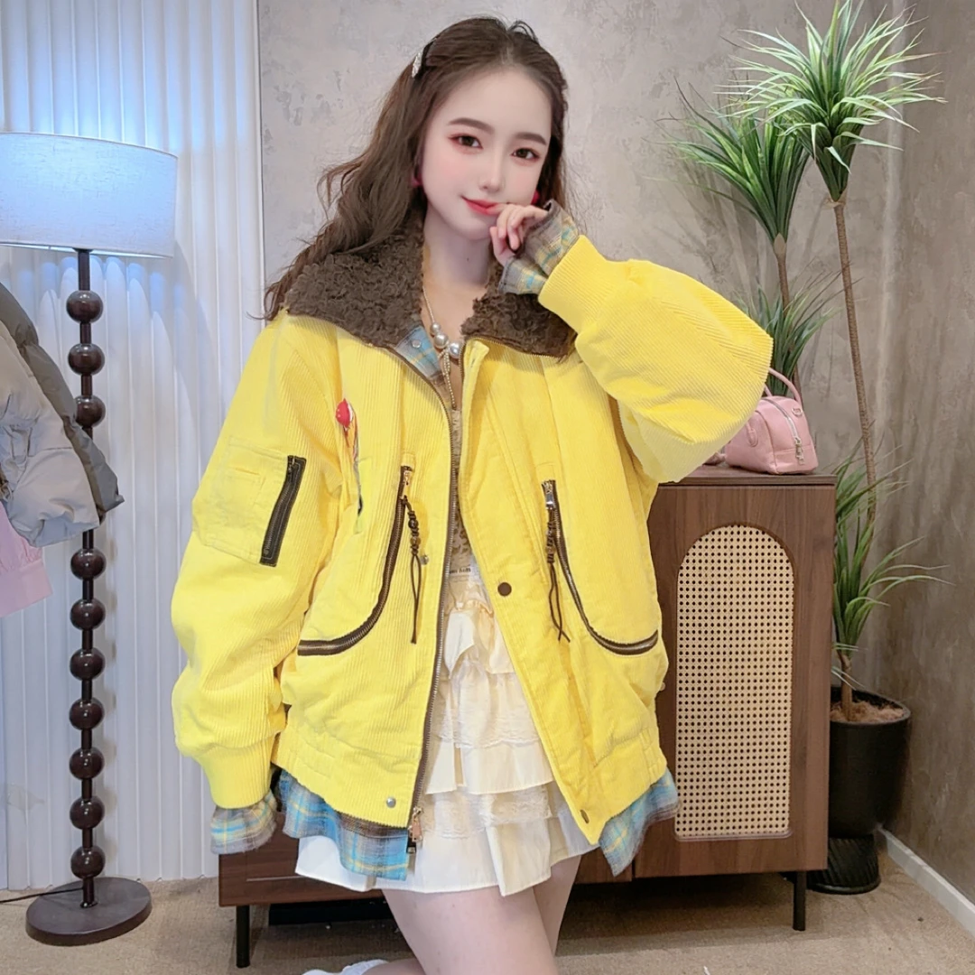 大观欧货冬季新款毛毛翻领羽绒外套格纹拼接设计感时尚百搭气质