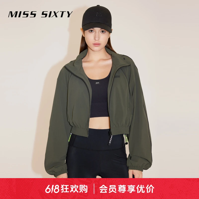 Miss Sixty春季新款外套女可收连帽复古运动风宽松拉链短款