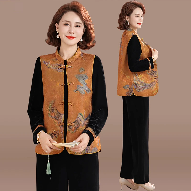 妈妈秋装套装2025新款阔太太中式国风唐装上衣中老年女春秋三件套