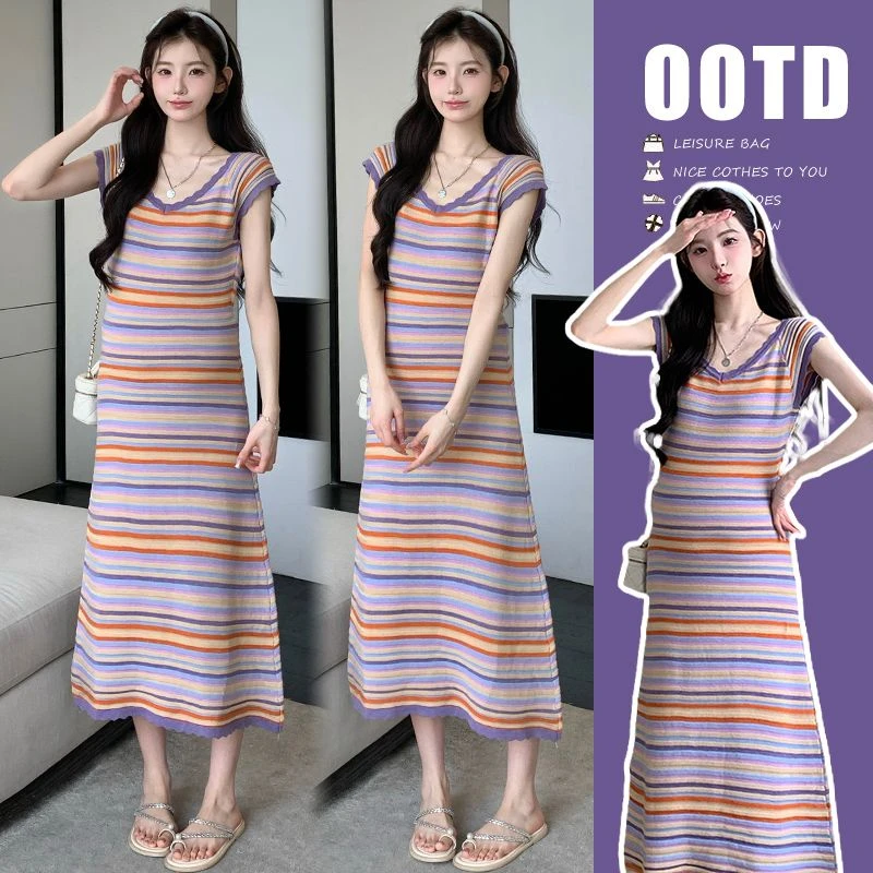 【枫丽】2025夏季新款孕妇韩版时尚弹力V领花边拼色条纹短袖连衣裙