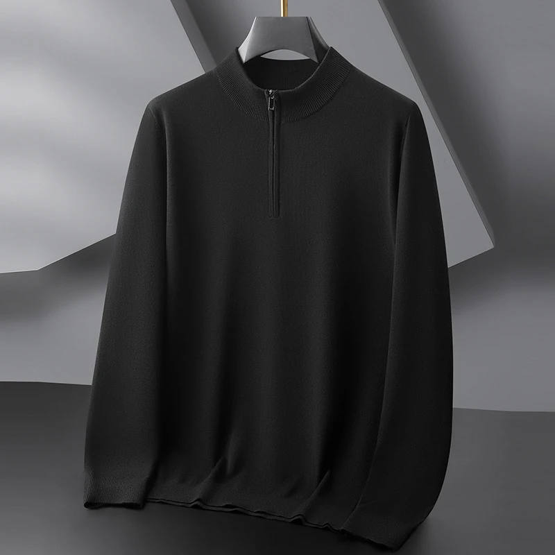2025年秋冬季男士打底衫加肥加大码黑色立领半拉链毛衣休闲针织衫