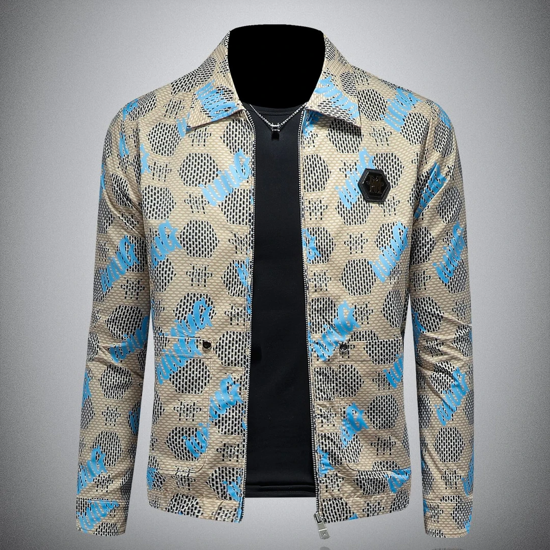 希敦纽勒欧货潮牌翻领外套男士个性修身帅气印花春秋薄款休闲夹克