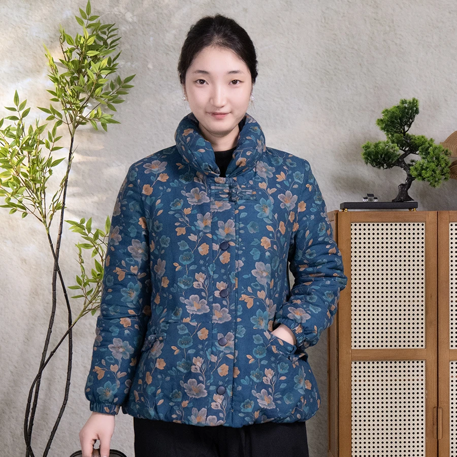 蔷薇 棉服立领上衣花色棉衣长袖保暖厚款宽松型面包领外套民族风