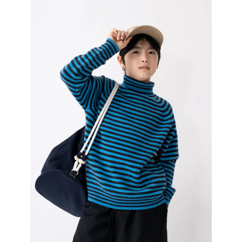 ASKR'素雅’【100%羊毛】男童高领美式条纹毛衣儿童羊毛衫套头