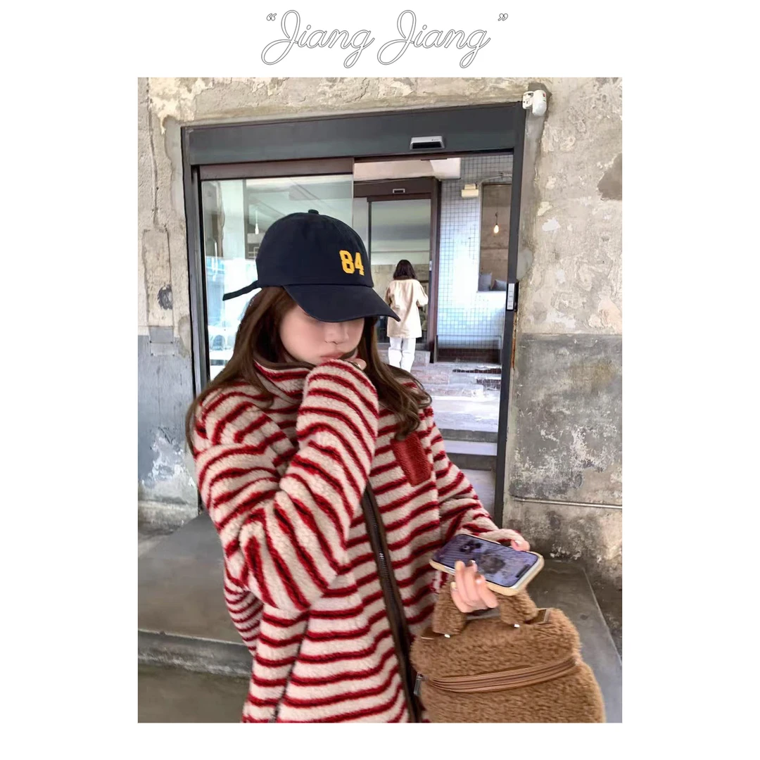 莓果派对 - 韩国单休闲百搭条纹撞色圣诞氛围感宽松显瘦女外套