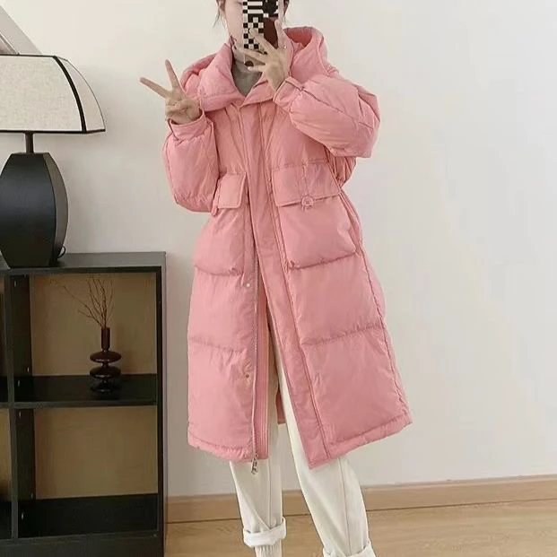 半粒扣中长款羽绒服女款时尚收腰连帽冬季韩版外套