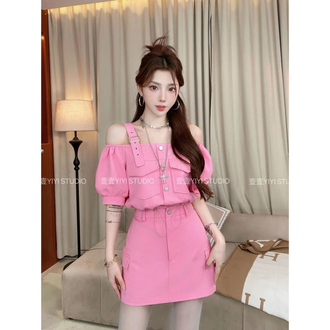 【沁粉佳人】夏季新款设计感收腰显瘦吊带上衣高腰裙裤两件套#18x