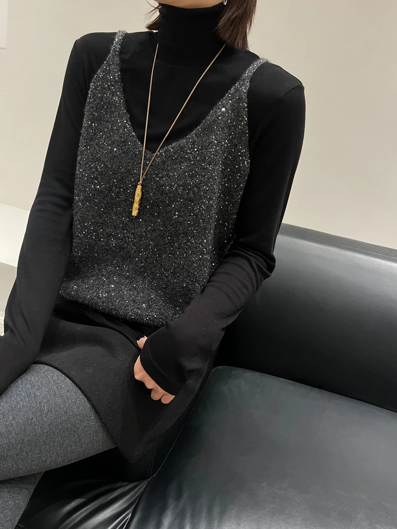 HY-《洋气两件套》半高领亮闪闪T恤+毛衣女冬季洋气设计感两件套
