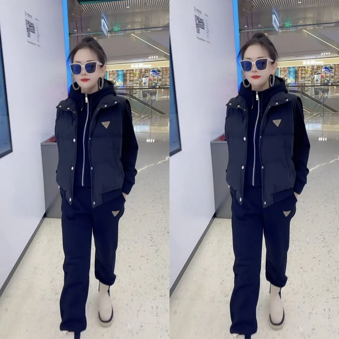 秋冬新款时尚显瘦加绒加厚连帽卫衣束脚裤棉马夹休闲运动三件套女