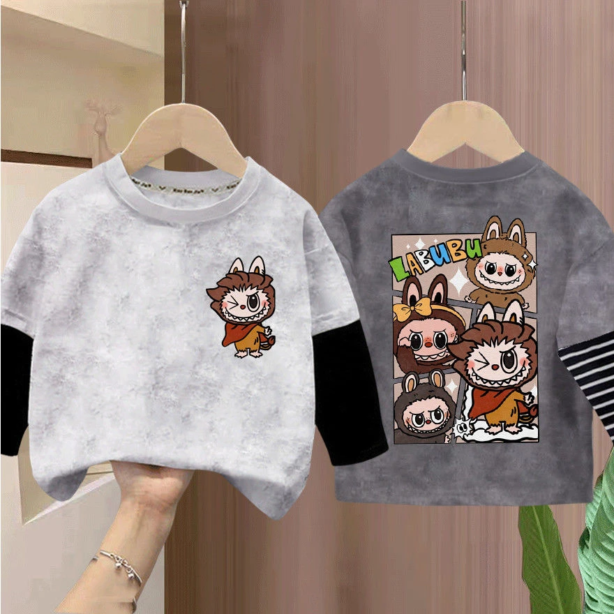 扎染拉布布潮流春秋季炸街长袖圆领t恤卡通男女童卡通假两件衣服