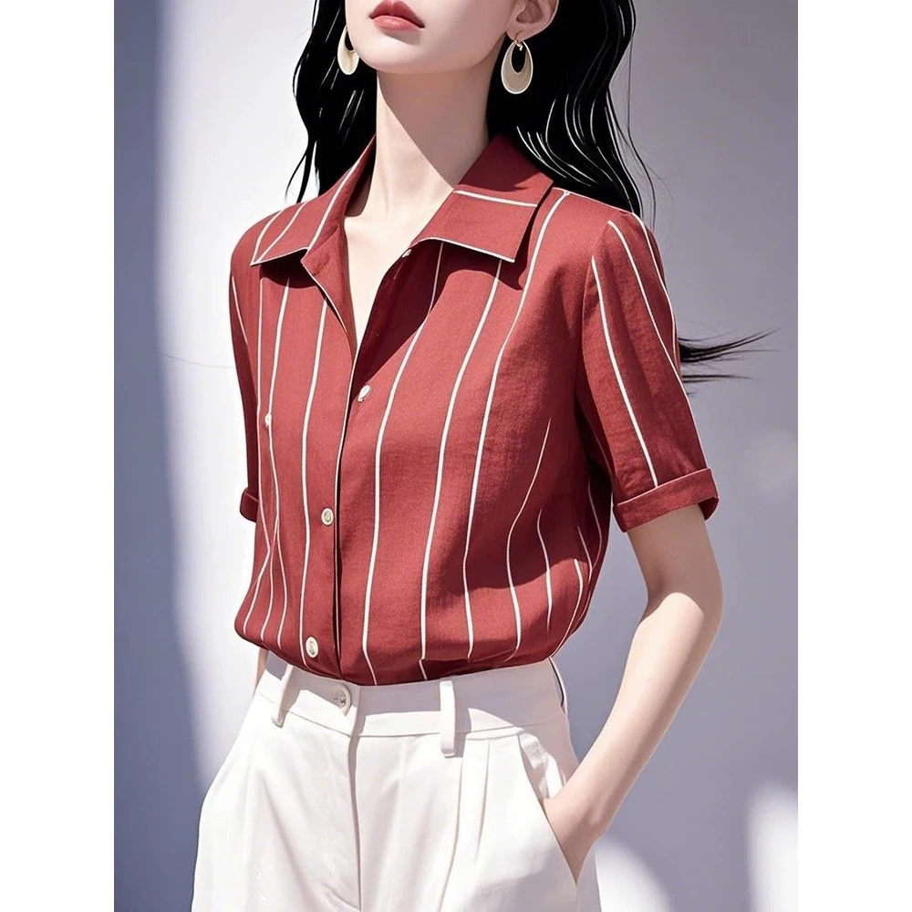 法式复古绝美红色条纹Polo领短袖衬衫女夏季新款洋气减龄叠穿衬衣