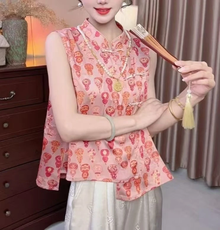 新中式国风旗袍领立领斜开襟盘扣时尚百搭坎肩马甲