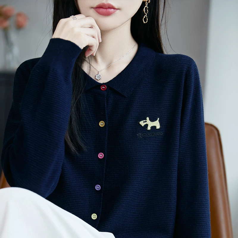 哥弟阿玛施正品秋冬新款翻领彩扣长袖针织衫开衫时尚百搭刺绣上衣