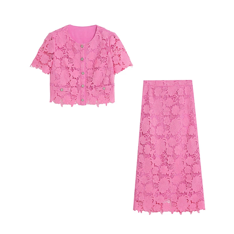 【韩诗诗】玛茜菲蜜夏季蕾丝碎花时尚套装镂空 G242TZ001Z