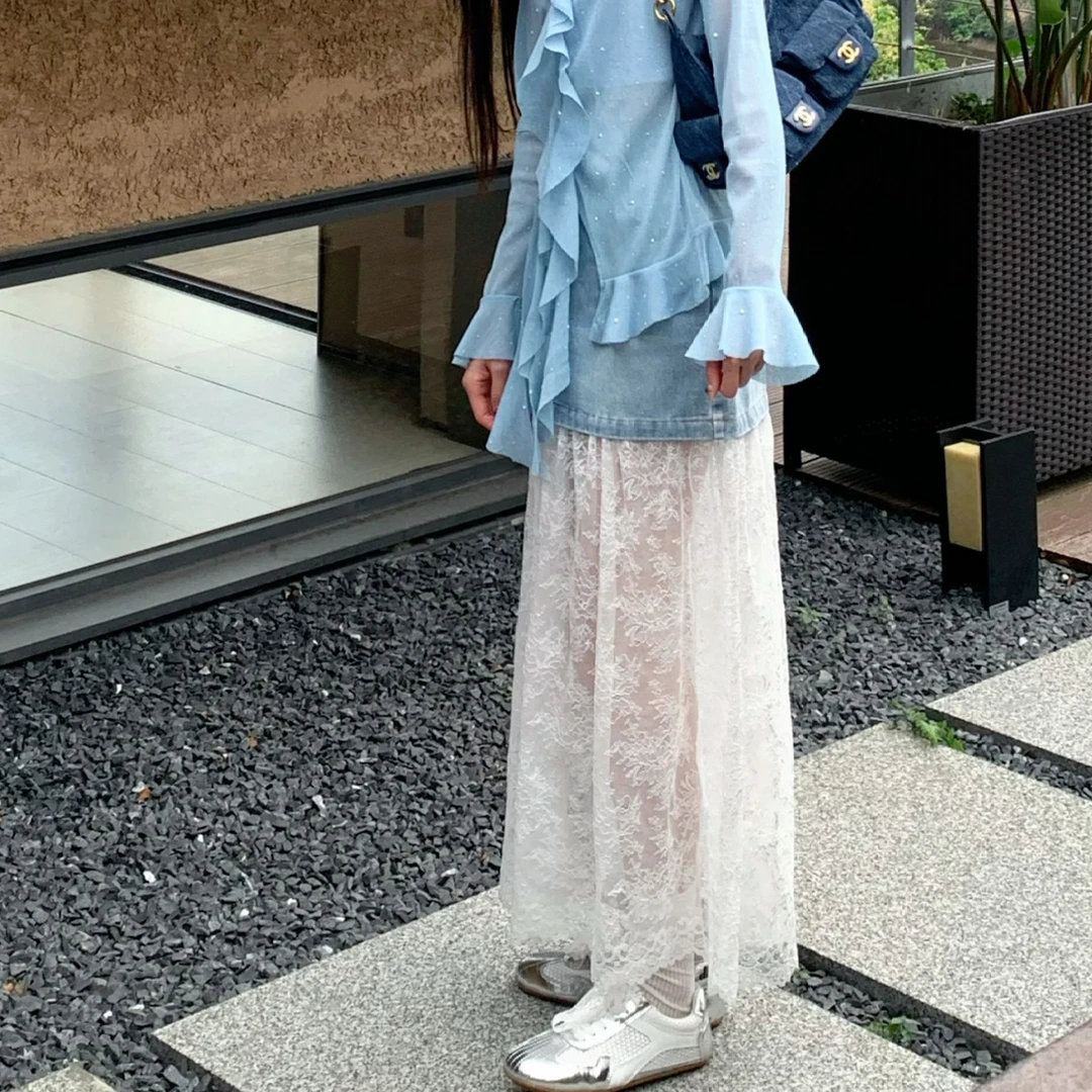 【赵小小yiamo】26335 小众设计感蕾丝拼接牛仔绝美显瘦百搭半身裙