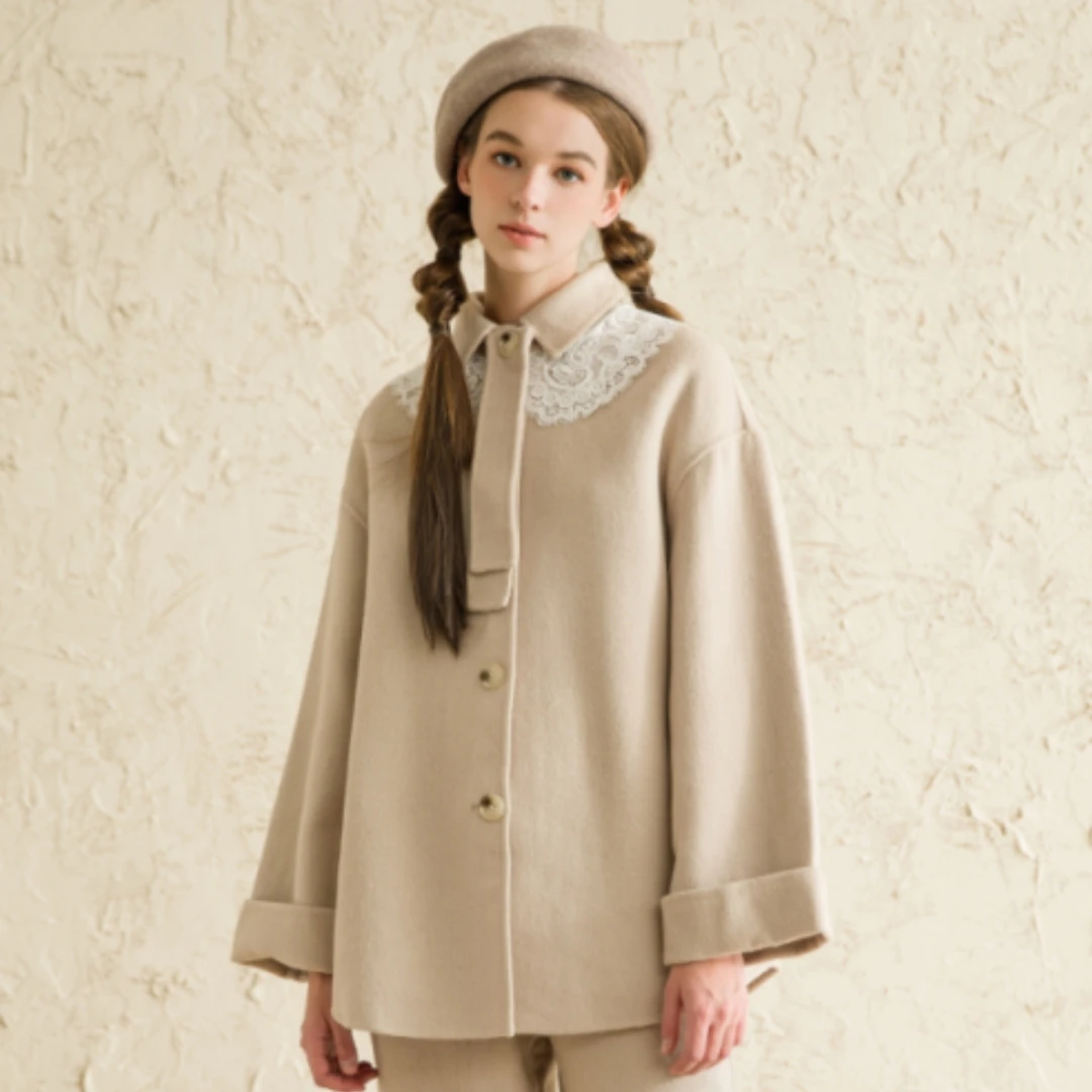 famecoco24秋冬小个子短款复古双面呢大衣毛呢外套F198AC042