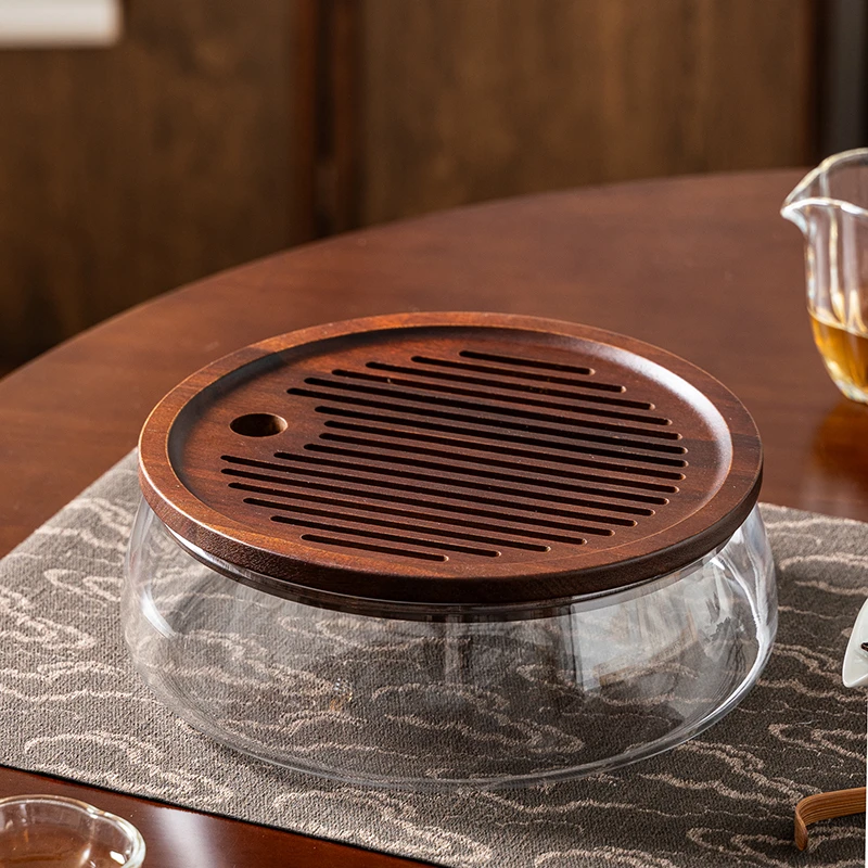 便捷中式小型茶盘储水家用木托盘茶台圆形沥蓄水玻璃茶海干泡台具
