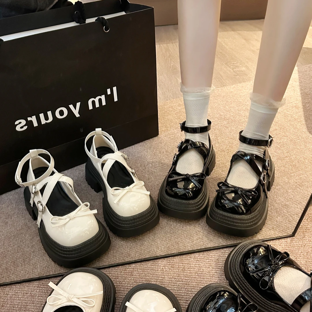 黑色厚底增高小皮鞋女2025春季新款英伦风复古圆头蝴蝶结玛丽珍鞋