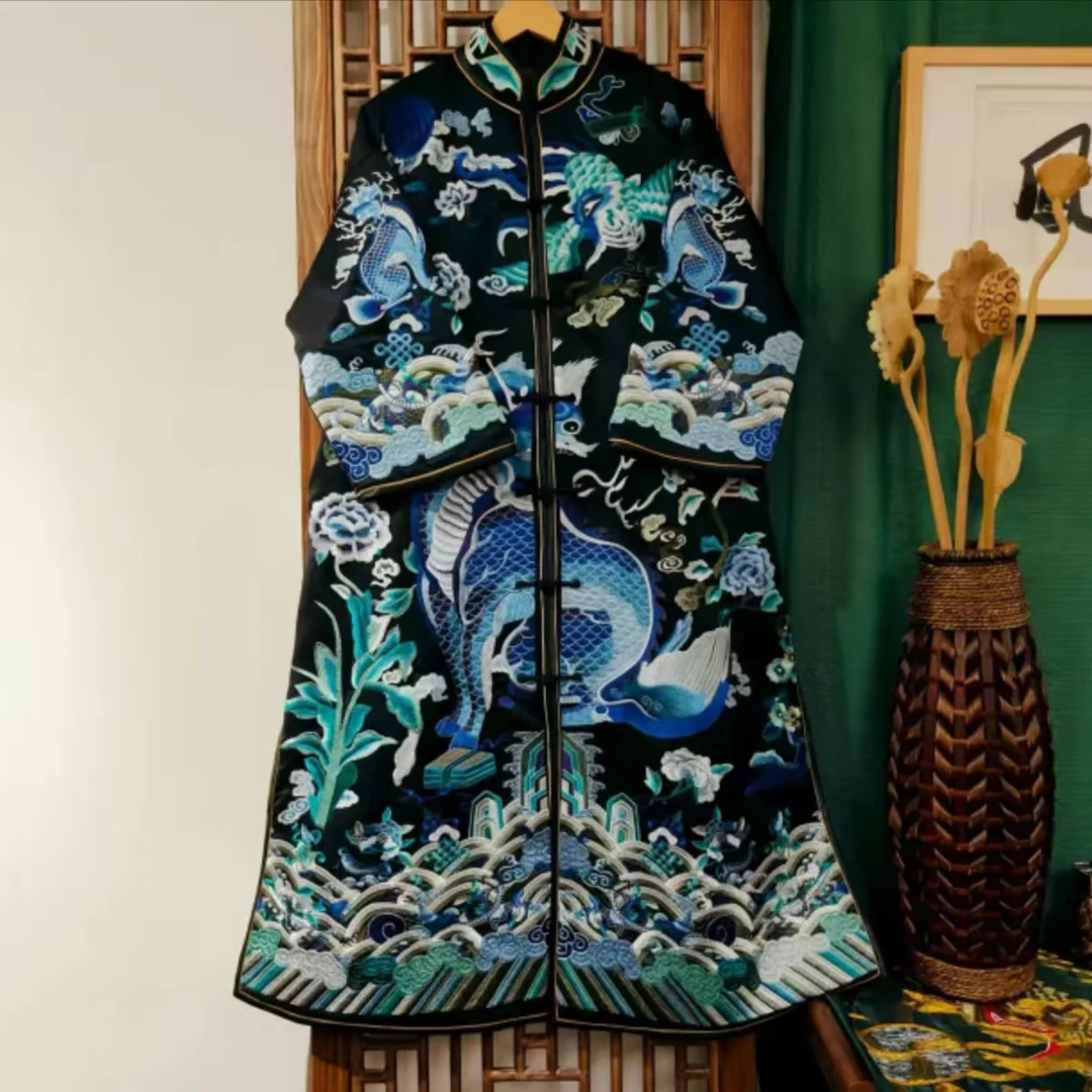 棉（LS702）凤徕兮私人定制黑色光板底蓝麒麟重工刺绣立领长棉服