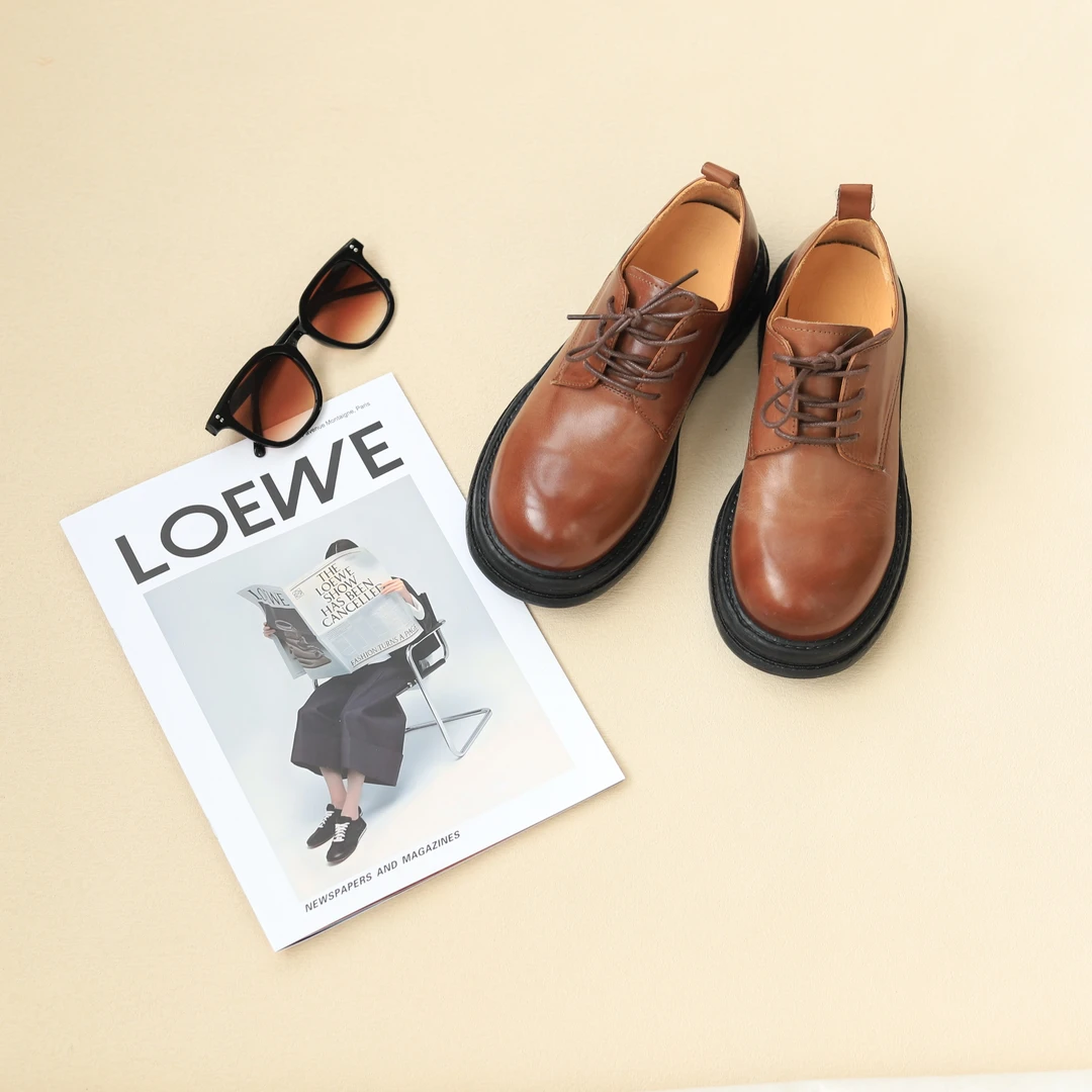 晓晨女鞋2025春季新款真皮英伦风时尚复古百搭厚底马皮德比鞋