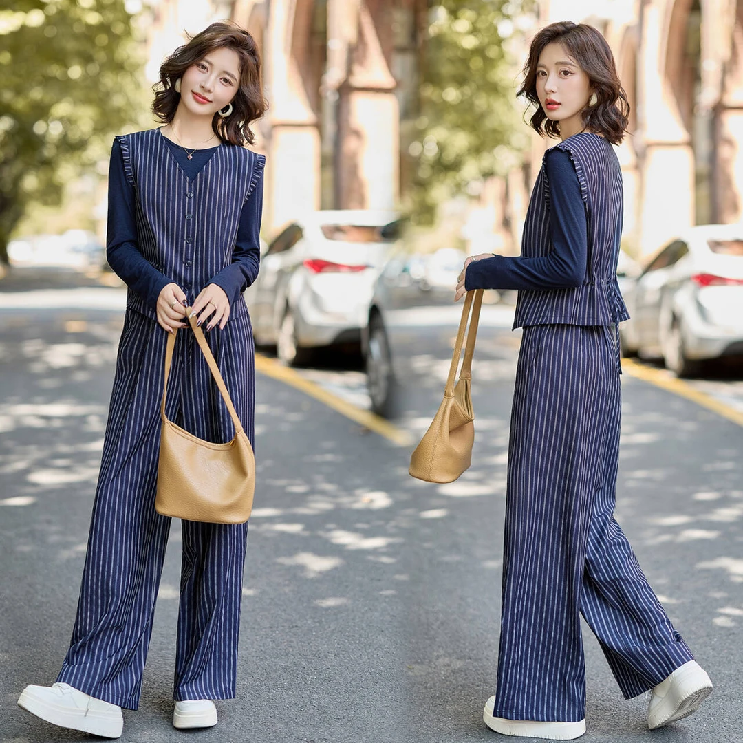 休闲时尚条纹马甲套装女2025春秋新款松弛感洋气时髦阔腿裤三件套