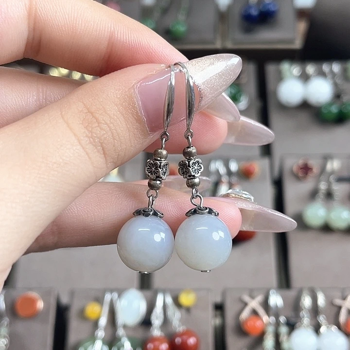 和田玉银S925镶嵌耳饰12左右烟紫