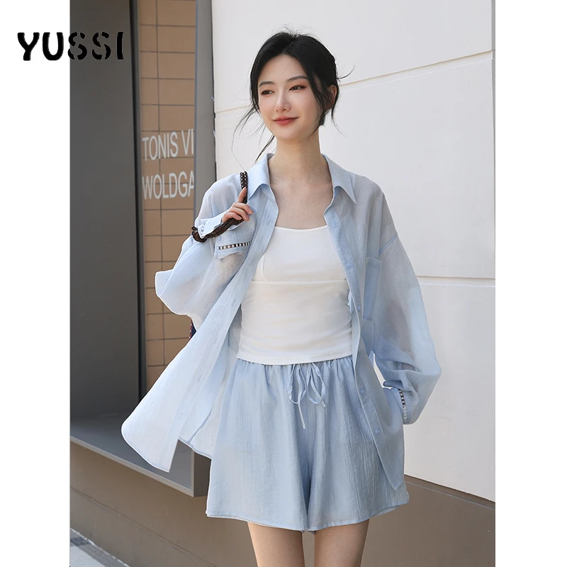 YUSSI【海岛时光】夏季蓝色莱赛尔天丝短裤长袖衬衫宽松休闲两件套