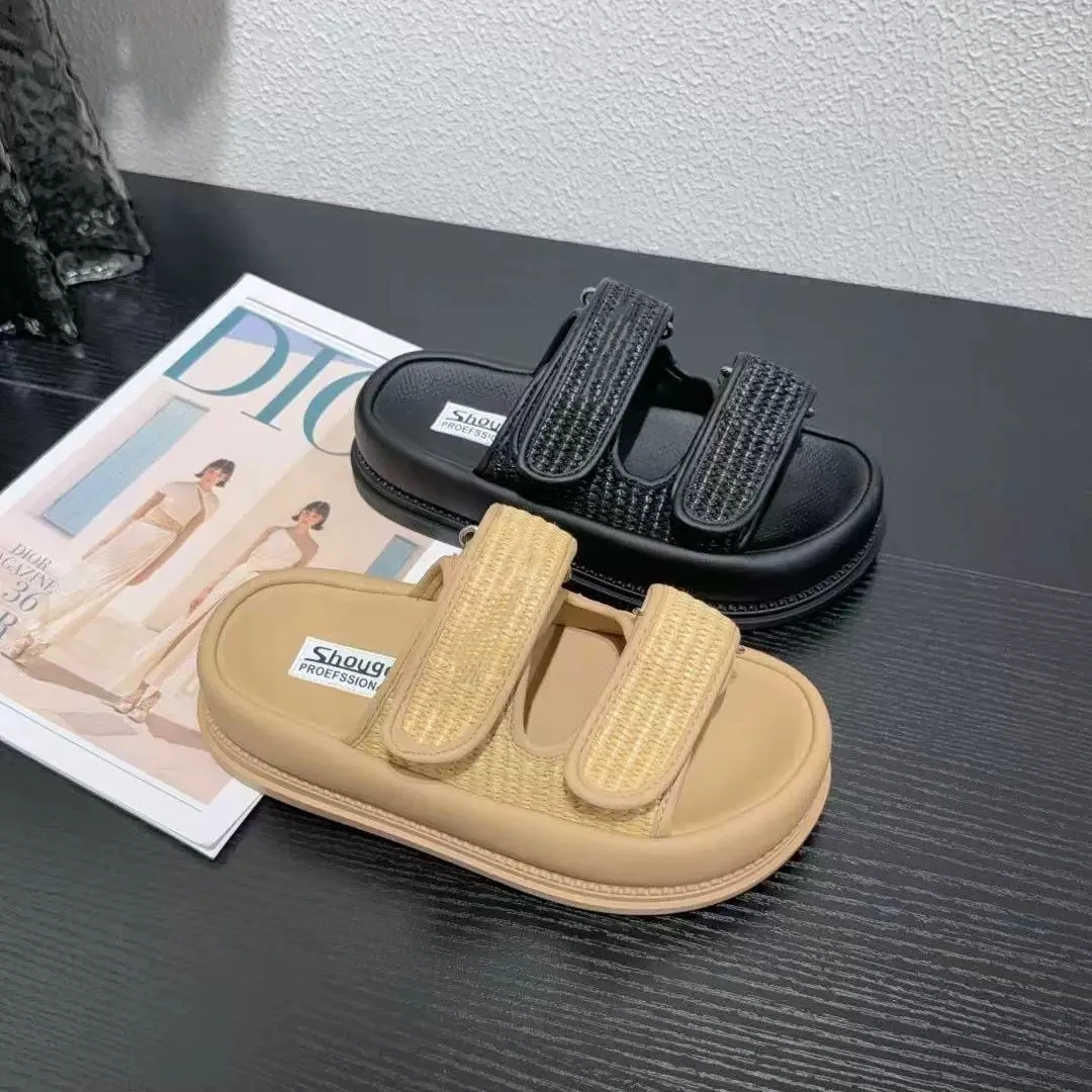爆款厚底魔术贴夏季新款时尚外穿编织一字拖鞋2307