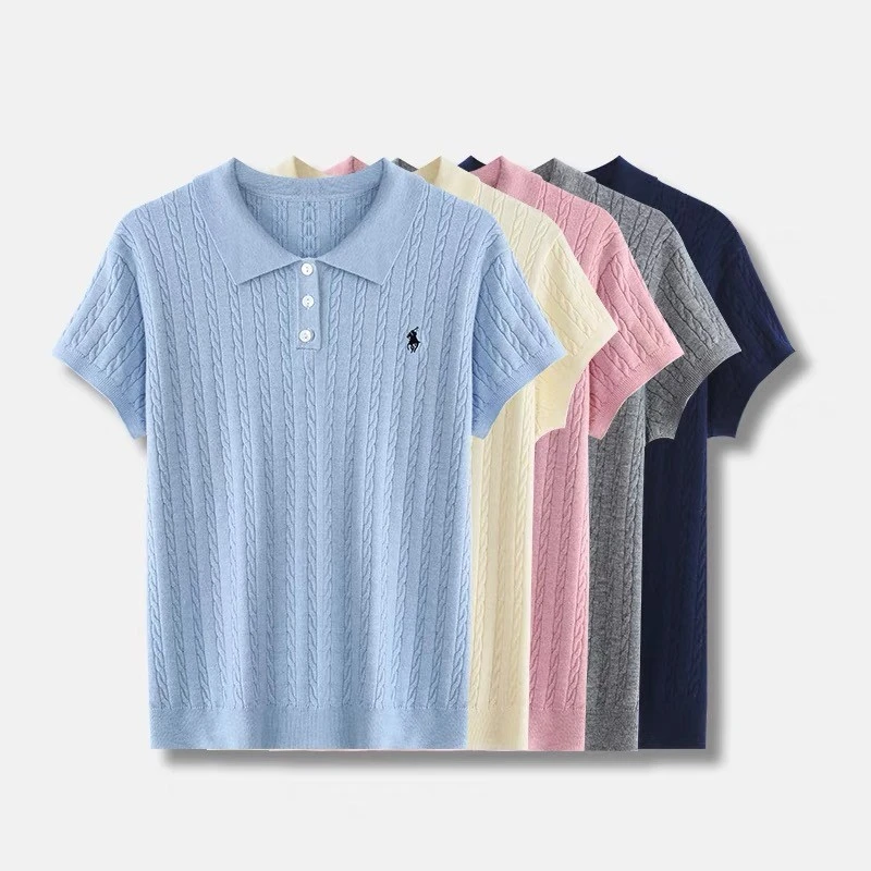 夏季新款POLO领小马刺绣螺纹编制花针织衫T恤