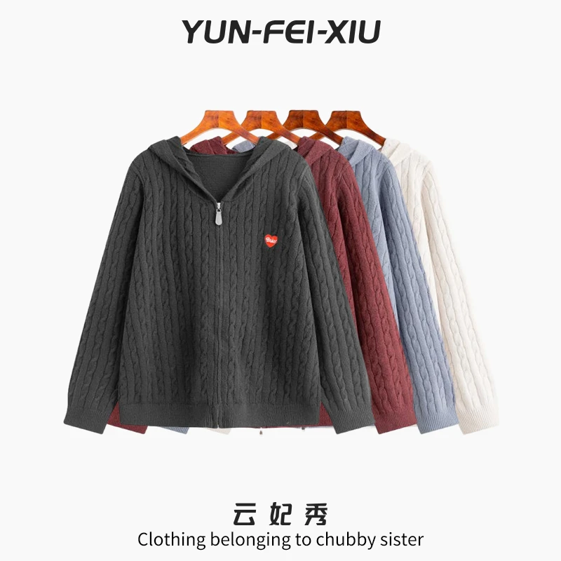 云妃秀大码女装针织衫V领连帽开衫时尚宽松显瘦遮肉胖妹妹秋23135