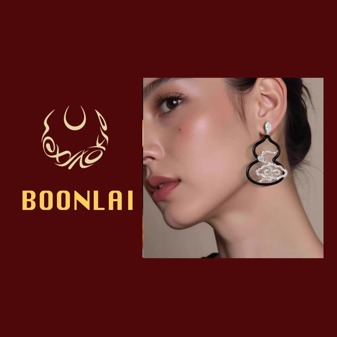 铜合金莫桑石耳饰 Boonlai 滴釉镂空镶钻祥云葫芦耳环1326