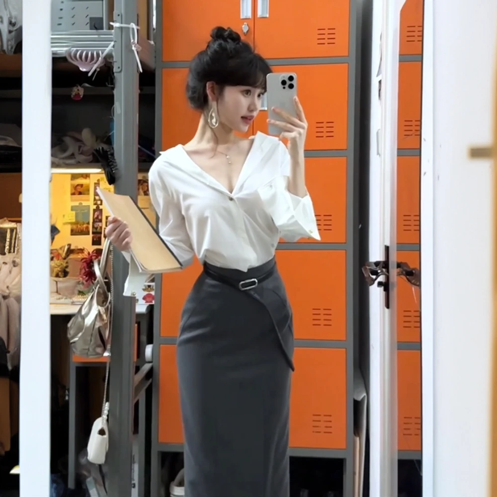 C2629高级感白色v领长袖衬衫女春夏通勤百搭气质半身长裙御姐套装