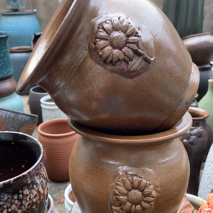 紫砂花盆高18口18手工瑕疵一对