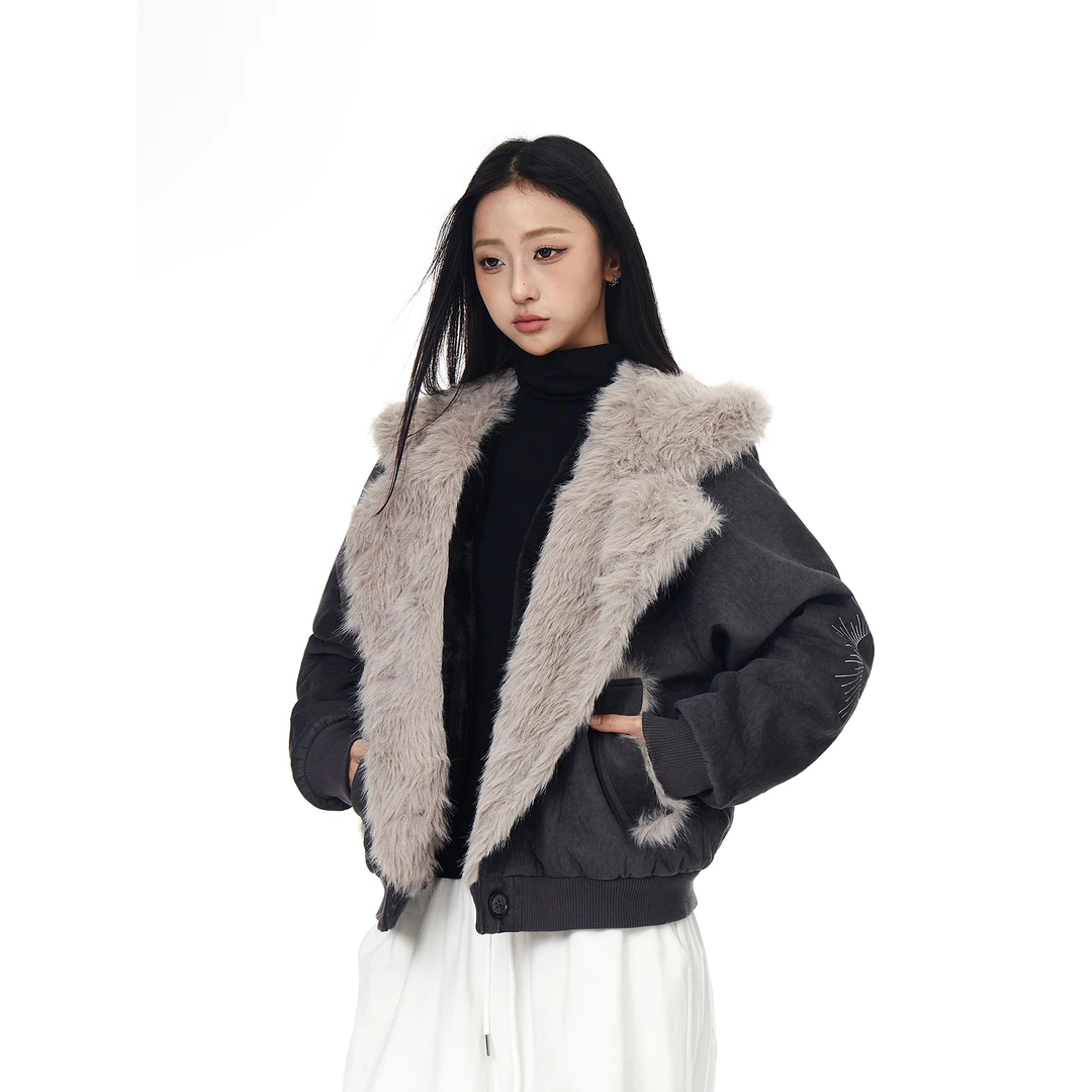 BLACKLISTS美式复古毛领拼接狼王座山雕外套男女冬季加厚连帽棉服