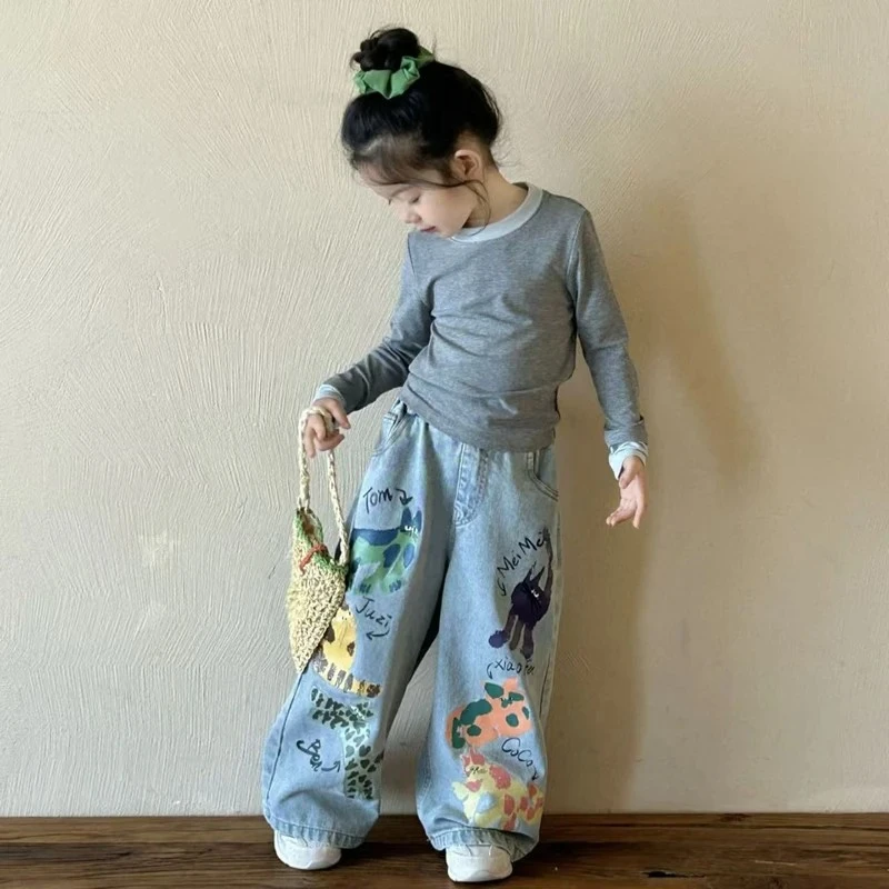 儿童2025春秋直筒季新款女童韩版牛仔裤百搭洋气宽松印花卡通童装