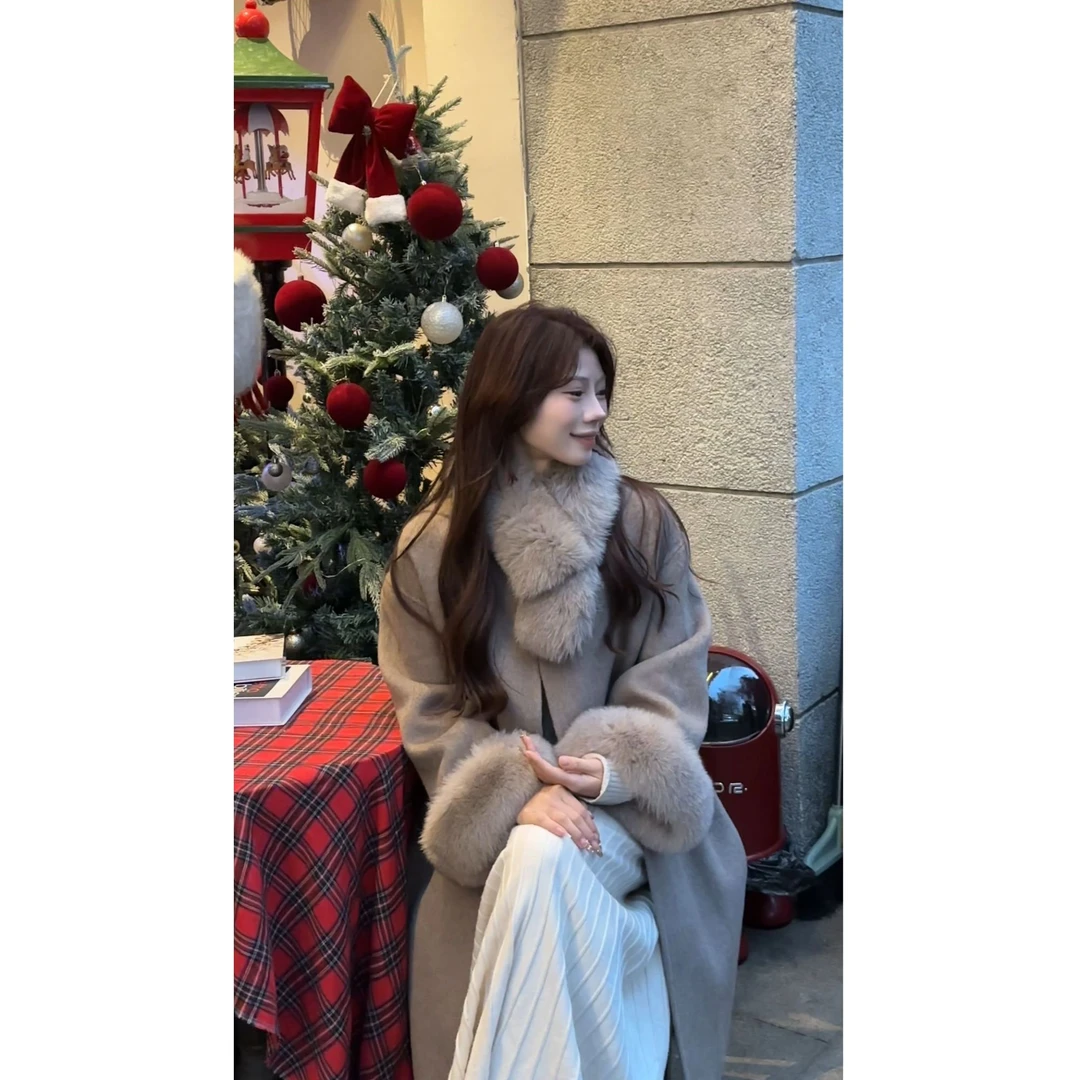 雪狐大衣 25秋冬新款狐狸毛V领双面羊毛大衣女中长款气质毛呢外套