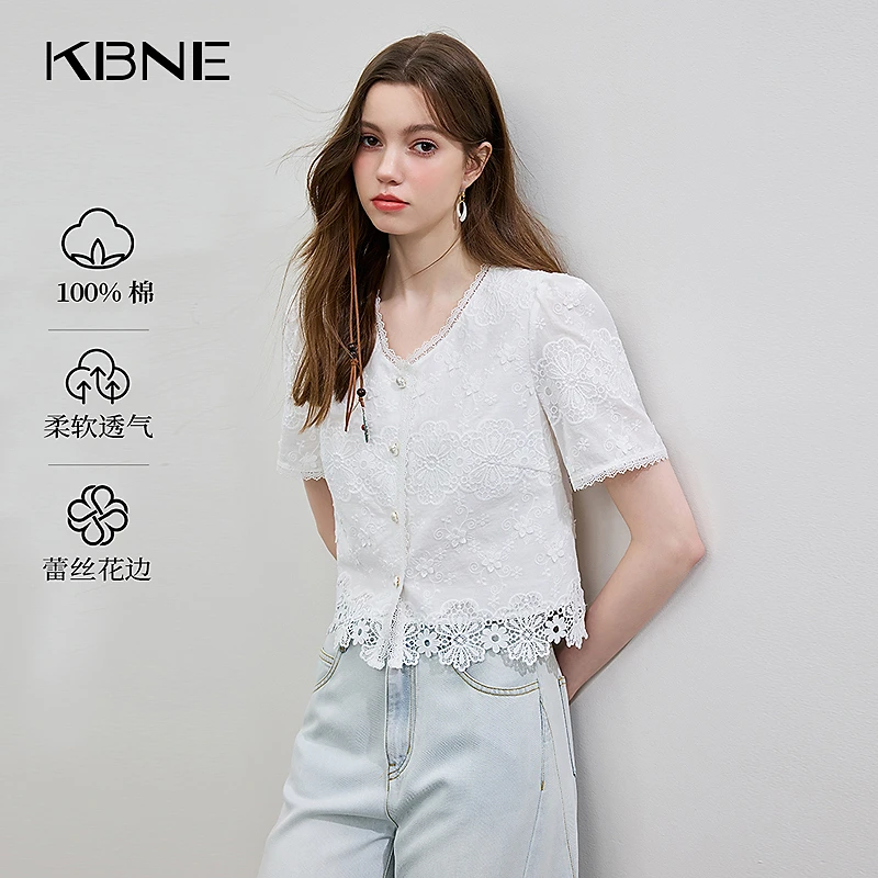 短袖女2025新款洋气kbne小香风法式蕾丝刺绣衬衫百搭V领白色衬衣