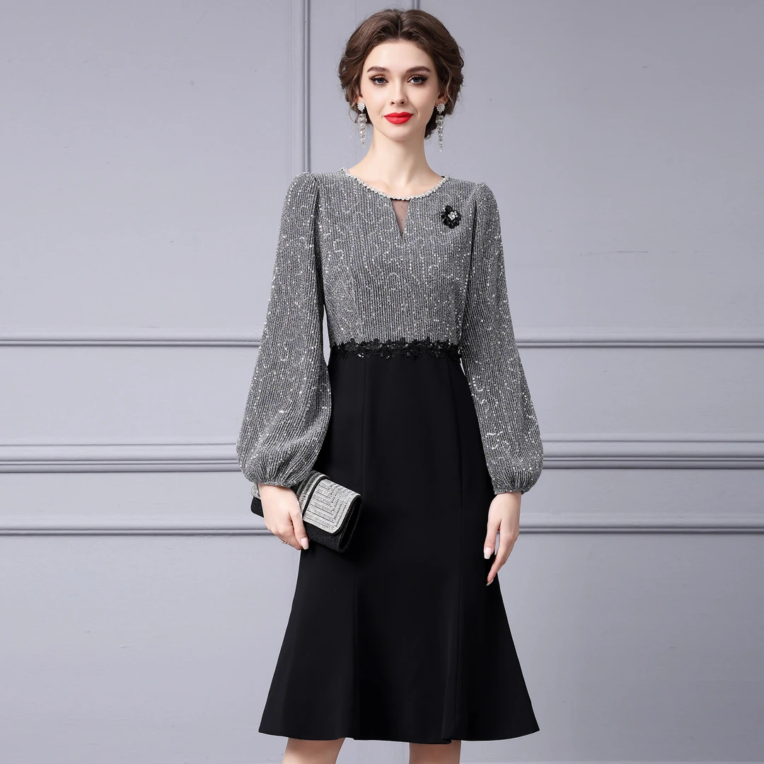 枝荔轻奢亮片鱼尾裙撞色高腰中长款高级感宴会连衣裙秋季2025新款