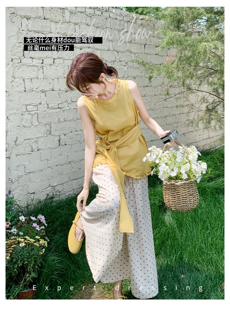 Y17A31-夏季韩系花边圆领设计绑带背心女无袖收腰别致上衣套装