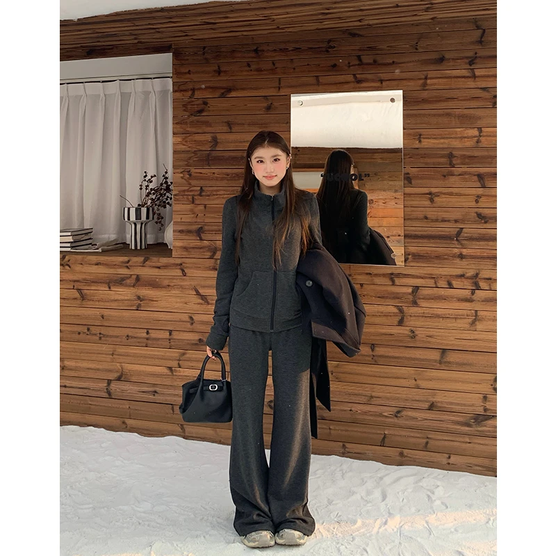 橘子树在哪儿立领纸片人显瘦加绒套装女高腰宽松卫衣卫裤秋冬套装