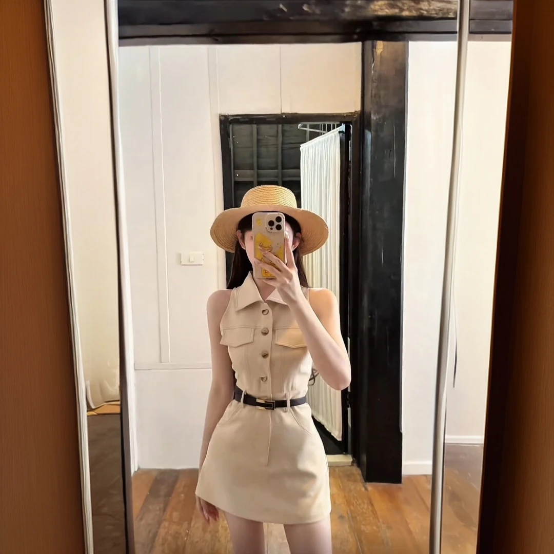 网红爆款韩版气质中高腰连衣裙显瘦背心老钱风POLO领收腰a字短裙