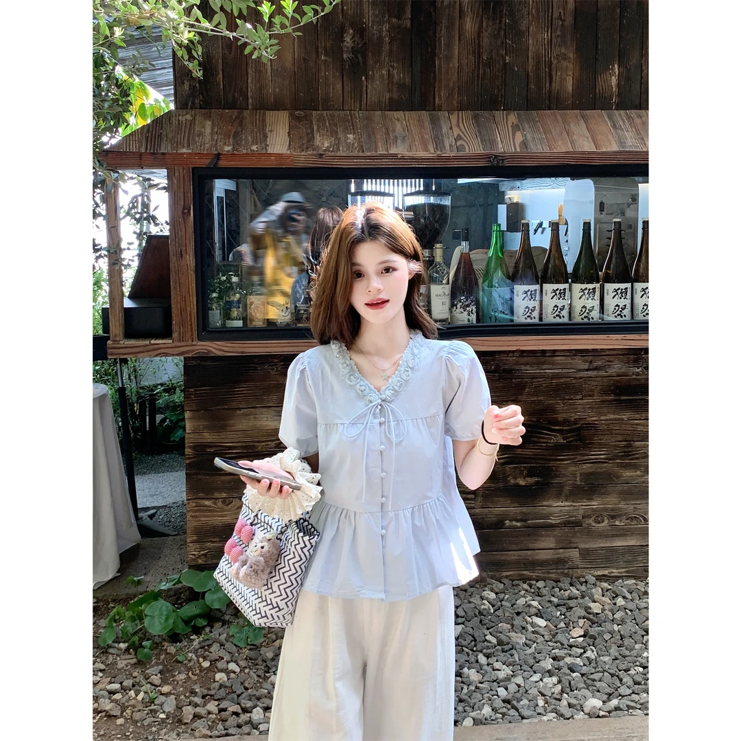夏装系带立体花朵短袖衬衫女新款设计感小众别致显瘦上衣