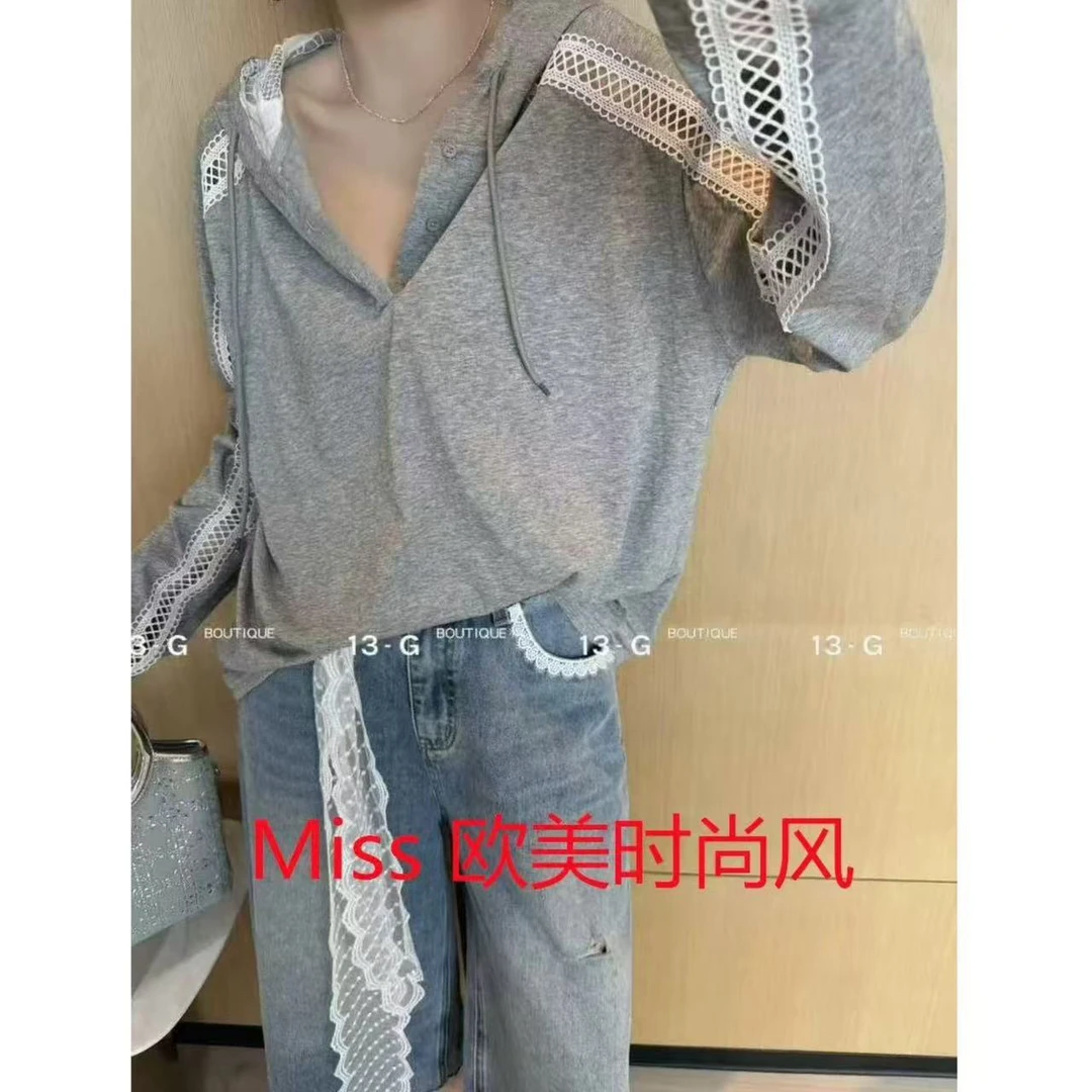 【欧洲站】蕾丝拼接连帽防晒衫